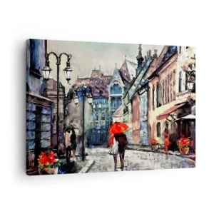 Tablou pe pânză Canvas - O stradă fermecătoare a orașului cu un cuplu sub o umbrelă roșie - 70x50cm - Ploaie pentru doi - Decorațiune modernă pentru perete pentru living și dormitor ARTTOR