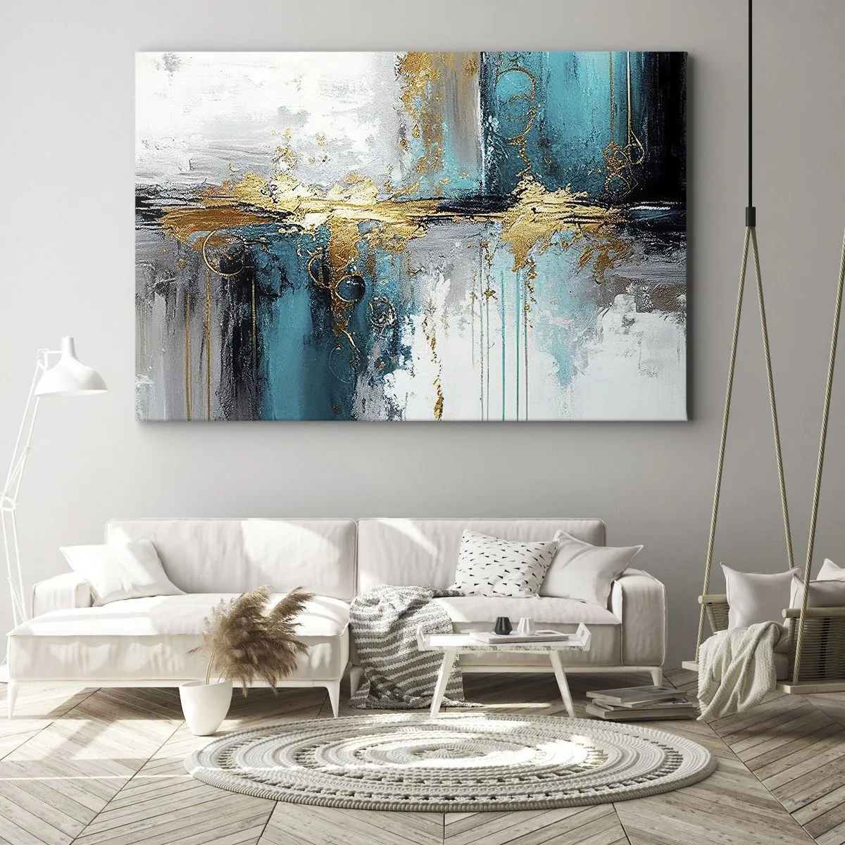 Tablou pe pânză Canvas - O compoziție abstractă cu accente de turcoaz și auriu. - 70x50cm - Totul curge - Decorațiune modernă pentru perete pentru living și dormitor ARTTOR