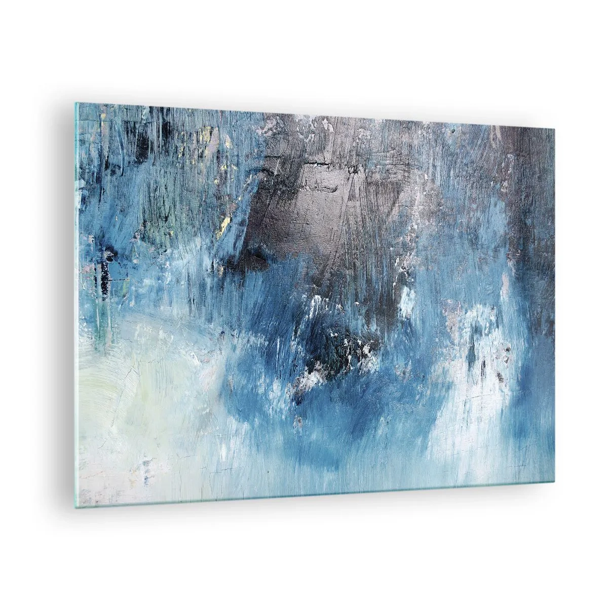 Tablou pe sticlă - Compoziție abstractă în nuanțe de albastru - 70x50cm - Rapsodie albastră - Decorațiune modernă pentru perete pentru living și dormitor ARTTOR
