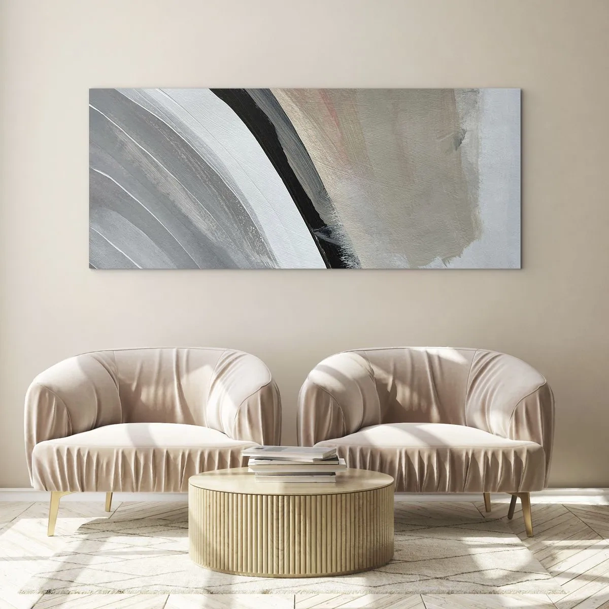 Tablou pe sticlă - Compoziție: arc de negru și gri - 100x40 cm