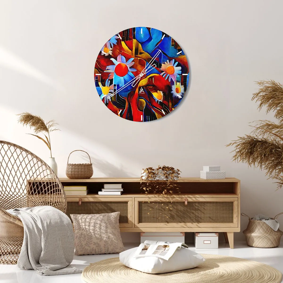 Ceas de perete - Ceas pe sticlă - Compoziție abstractă de flori în culori intense - 30x30cm - Culorile vieții - Decorațiune modernă pentru perete pentru living, bucătărie și dormitor ARTTOR