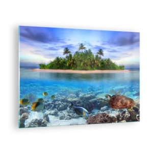 Tablou pe sticlă - O insulă tropicală cu recif de corali și viață marină - 70x50cm - Insula paradisiacă vă invită - Decorațiune modernă pentru perete pentru living și dormitor ARTTOR