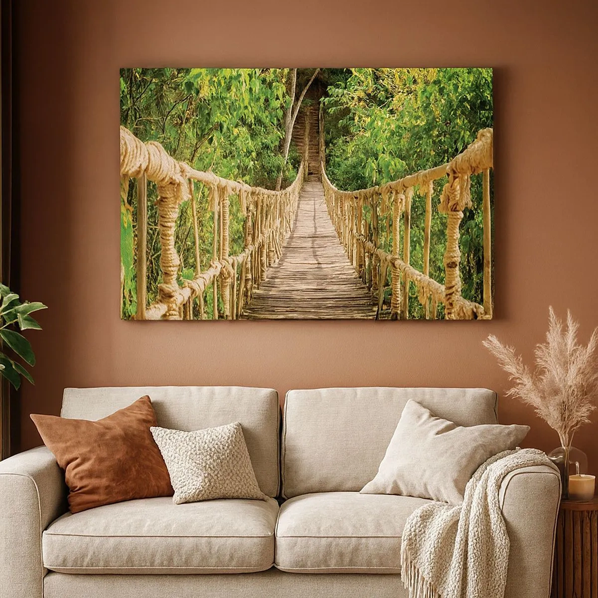 Tablou pe pânză Canvas - Un pod suspendat într-o pădure tropicală plină de verdeață - 70x50cm - Suspendat în verde - Decorațiune modernă pentru perete pentru living și dormitor ARTTOR