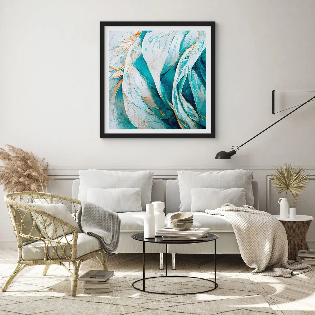 Poster în ramă neagră - Abstractul albastru cu motiv auriu - 30x30 cm