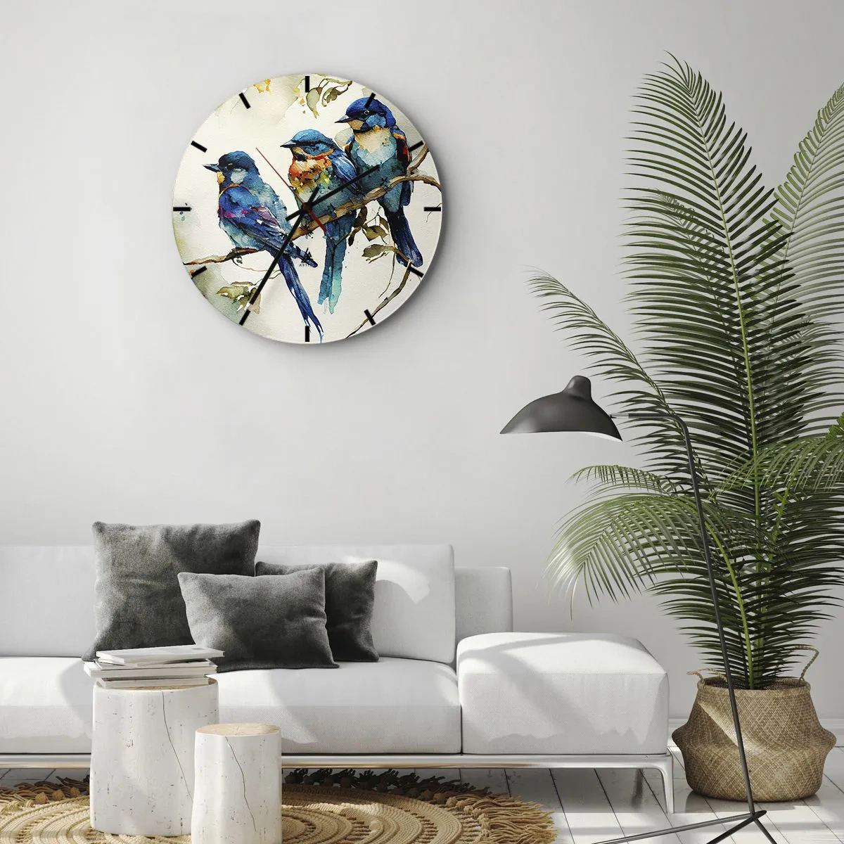 Ceas de perete - Ceas pe sticlă - Păsări colorate pe o ramură într-un stil de ilustrație în acuarelă - 30x30cm - Se simte jignit? - Decorațiune modernă pentru perete pentru living, bucătărie și dormitor ARTTOR