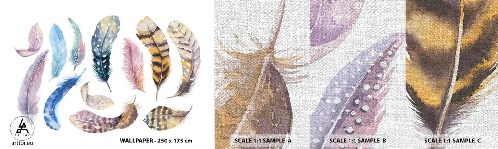 Mostră tapet Premium Canvas - Ușoare și colorate - Pene de păsări, Păsări, Grafică - 100x30 cm