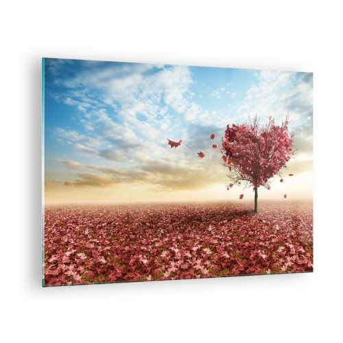 Tablou pe sticlă - Un copac în formă de inimă pe un câmp cu frunze roșii - 70x50cm - Iubește toamna - Decorațiune modernă pentru perete pentru living și dormitor ARTTOR