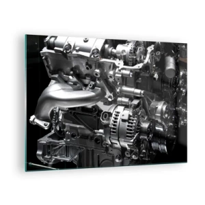 Tablou pe sticlă - Detalii ale unui motor metalic pe fundal negru - 70x50cm - De oțel, frumos, puternic - Decorațiune modernă pentru perete pentru living și dormitor ARTTOR