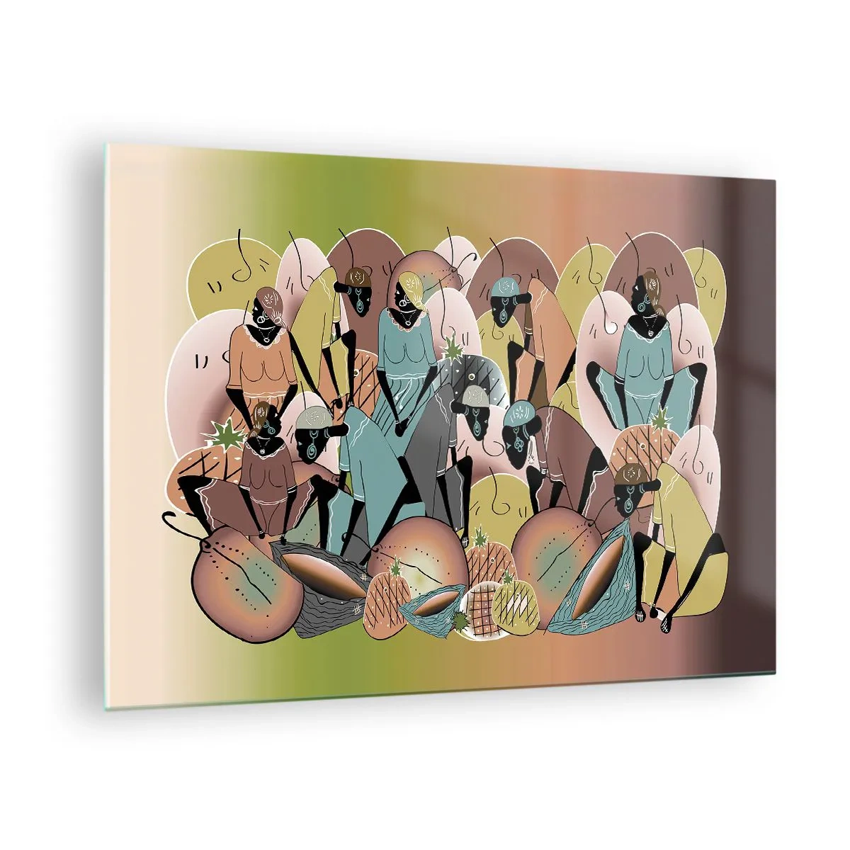 Tablou pe sticlă - O ilustrație abstractă a unor figuri în nuanțe de bej, verde și roz. - 70x50cm - Sărbătoarea cea mare se apropie - Decorațiune modernă pentru perete pentru living și dormitor ARTTOR