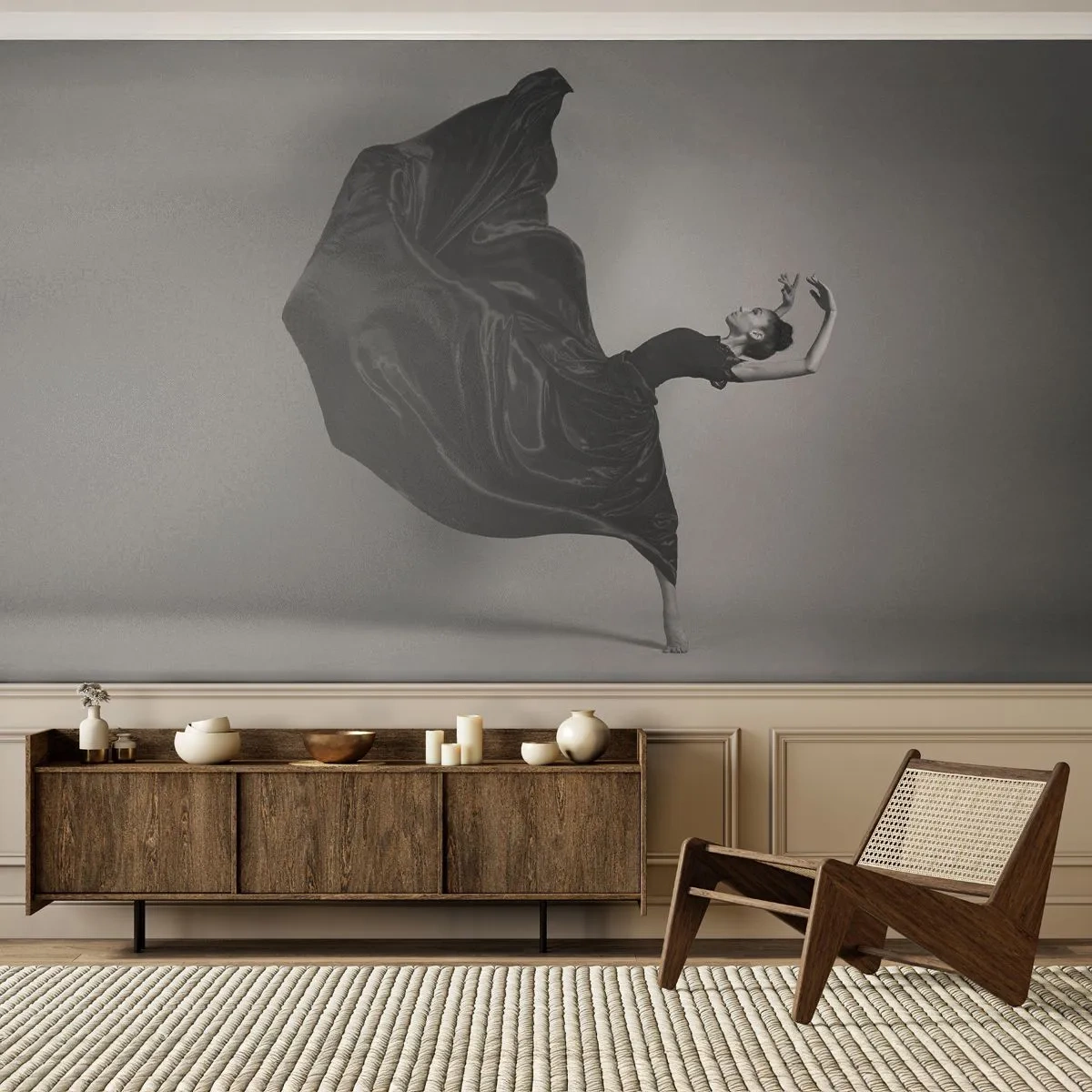 Tapet Standard Eco - O dansatoare într-o rochie neagră surprinsă într-o mișcare dinamică - 100x70cm - Înaripată de muzică - Decorațiune modernă pentru perete pentru living și dormitor ARTTOR