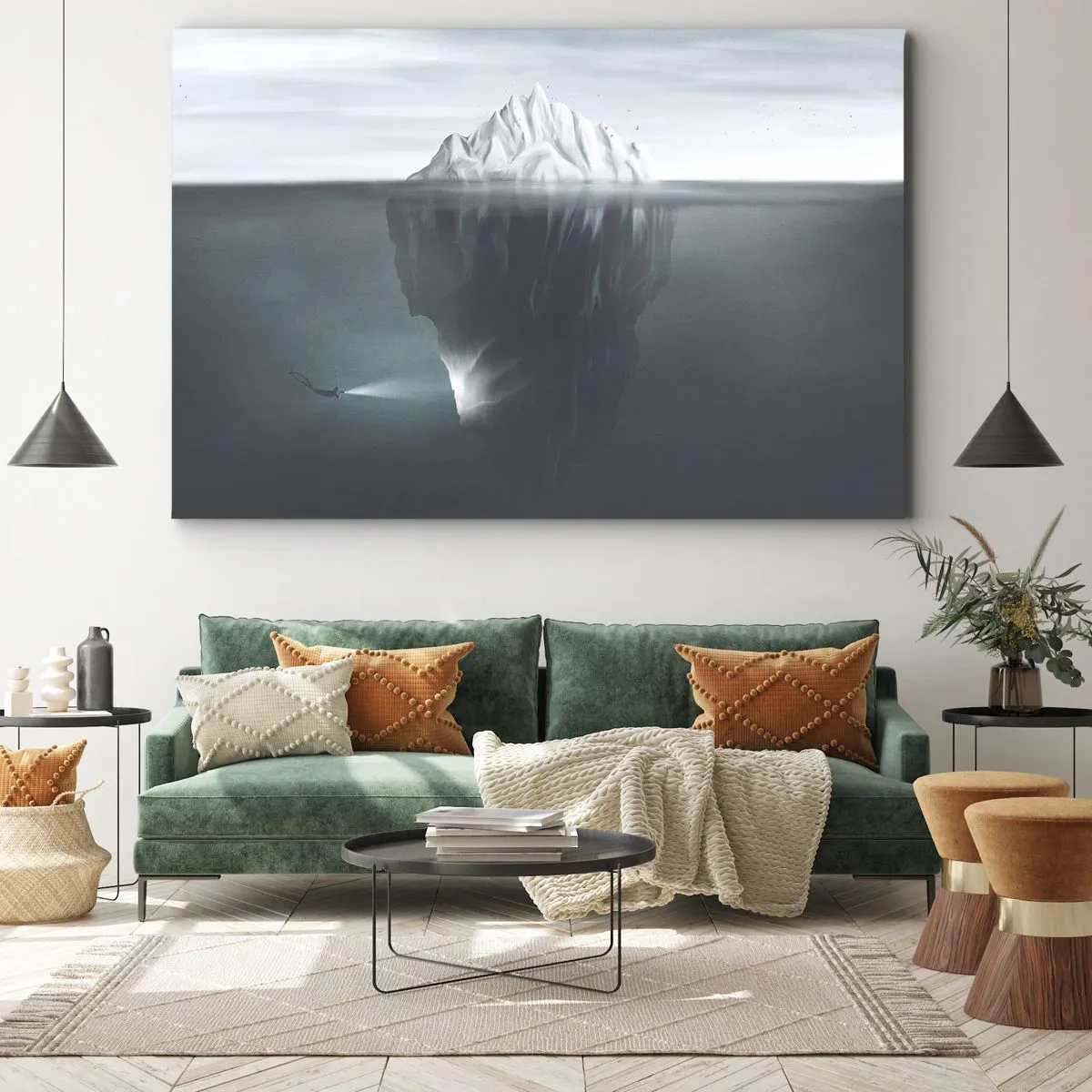 Tablou pe pânză Canvas - Un aisberg în apă cu un scafandru și un reflector sub suprafață. - 70x50cm - Un mister subacvatic - Decorațiune modernă pentru perete pentru living și dormitor ARTTOR