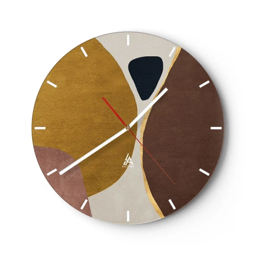Ceas de perete - Ceas pe sticlă - Forme abstracte în nuanțe de maro, bej și auriu - 30x30cm - Abstracție - un loc în spațiu - Decorațiune modernă pentru perete pentru living, bucătărie și dormitor ARTTOR