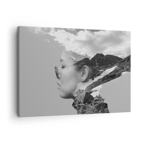 Tablou pe pânză Canvas - O compoziție alb-negru cu silueta unei femei și un peisaj montan. - 70x50cm - Portret în nori - Decorațiune modernă pentru perete pentru living și dormitor ARTTOR