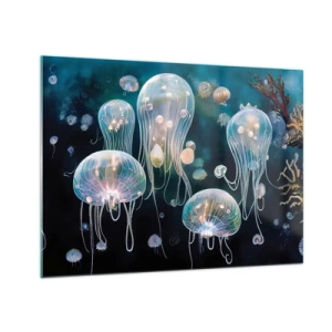 Tablou pe sticlă - Meduzele în dansul luminos al lumii subacvatice - 70x50cm - Balul subacvatic - Decorațiune modernă pentru perete pentru living și dormitor ARTTOR