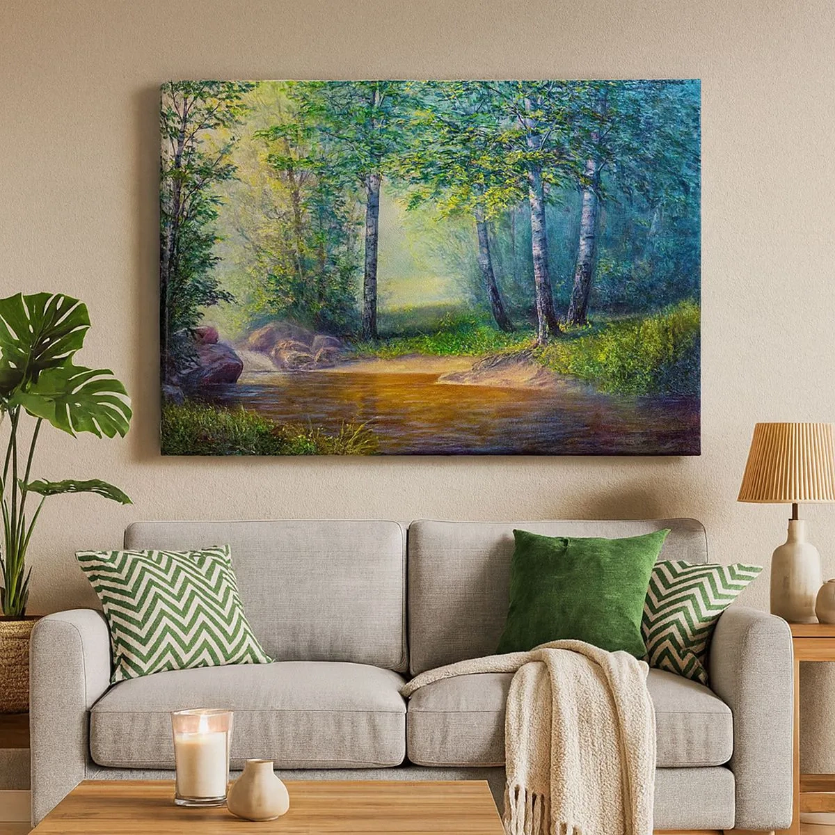 Tablou pe pânză Canvas - Un pârâu de pădure înconjurat de mesteceni și soare - 70x50cm - Cadru idilic - Decorațiune modernă pentru perete pentru living și dormitor ARTTOR