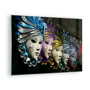 Tablou pe sticlă - Măști venețiene colorate la rând - 70x50cm - Mister în aur și argint - Decorațiune modernă pentru perete pentru living și dormitor ARTTOR