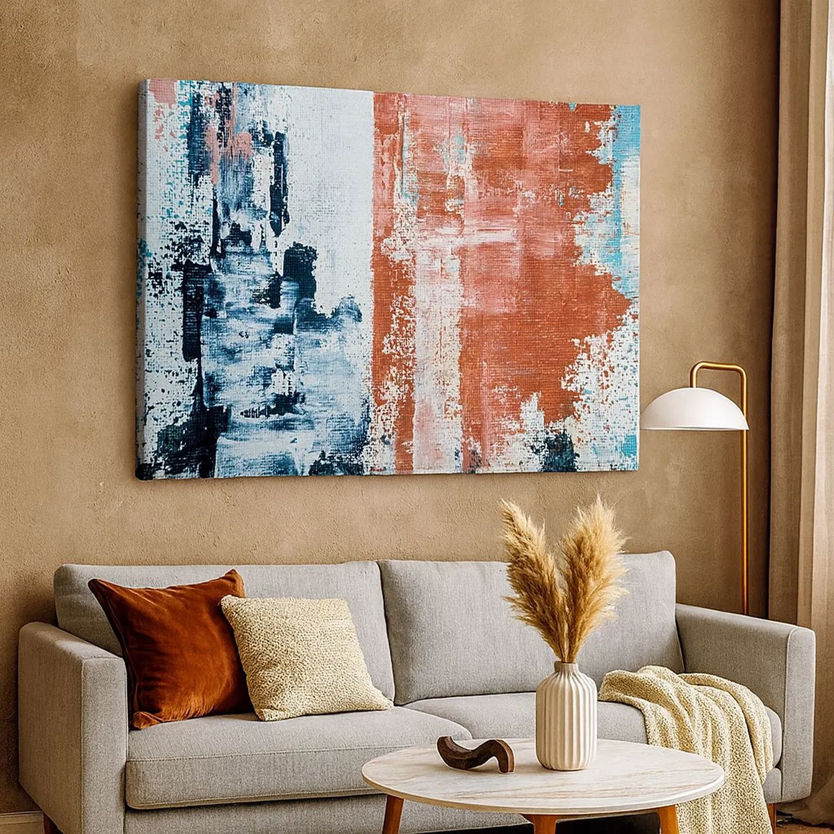 Tablou pe pânză Canvas - Abstracție în culori albe, albastre și cărămizi - 70x50cm - Jumi-juma abstract - Decorațiune modernă pentru perete pentru living și dormitor ARTTOR