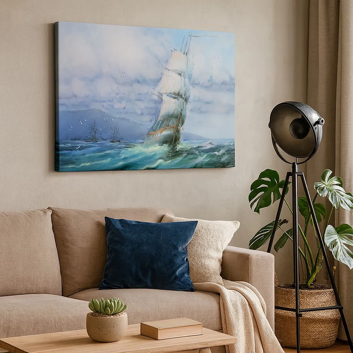 Tablou pe pânză Canvas - O navă pe o mare furtunoasă - 70x50cm - Vânturi bune - Decorațiune modernă pentru perete pentru living și dormitor ARTTOR