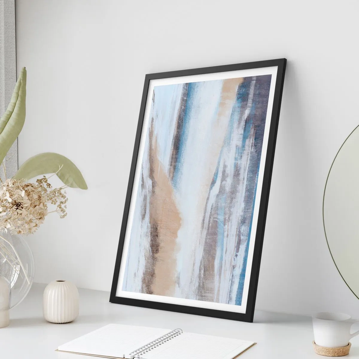 Poster în ramă neagră - Compoziție abstractă în nuanțe de albastru și bej - 50x70cm - Compoziție de iarnă - Decorațiune modernă pentru perete pentru living și dormitor ARTTOR