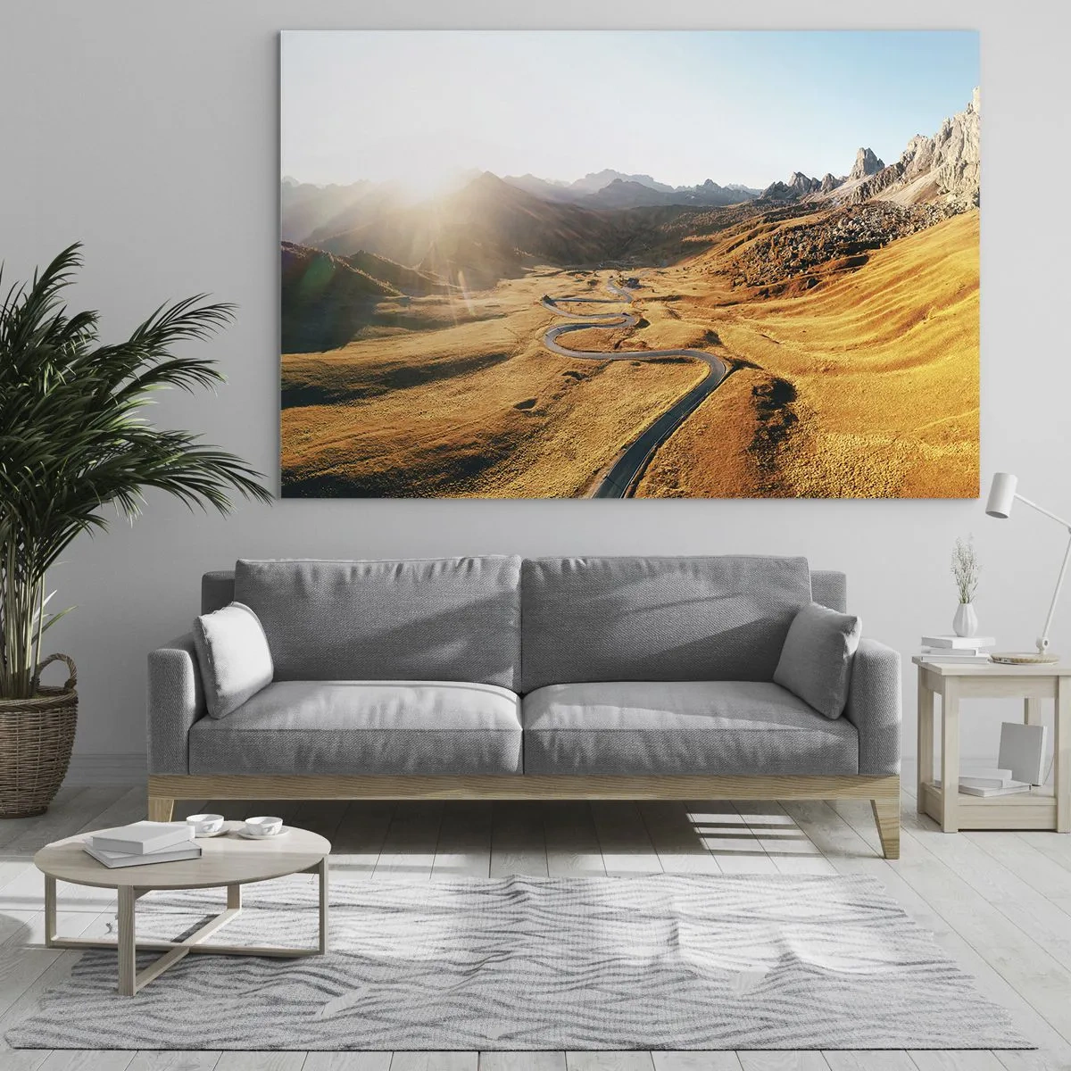 Tablou pe sticlă - Un drum șerpuitor într-o vale aurie luminată de soare - 70x50cm - Într-o vale de aur - Decorațiune modernă pentru perete pentru living și dormitor ARTTOR