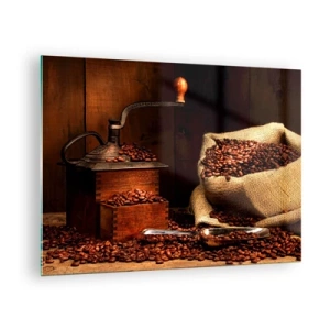 Tablou pe sticlă - O râșniță de cafea veche cu boabe și un plic de cafea - 70x50cm - Natură moartă cu boabe de cafea și măcinător - Decorațiune modernă pentru perete pentru living și dormitor ARTTOR