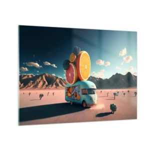 Tablou pe sticlă - O rulotă turcoaz cu fructe pe fundalul unui peisaj deșertic - 70x50cm - Gustul vacanței - Decorațiune modernă pentru perete pentru living și dormitor ARTTOR