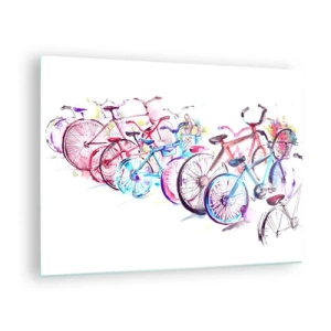 Tablou pe sticlă - Biciclete colorate în stil acuarelă - 70x50cm - Reuniunea clubului Antymoto - Decorațiune modernă pentru perete pentru living și dormitor ARTTOR