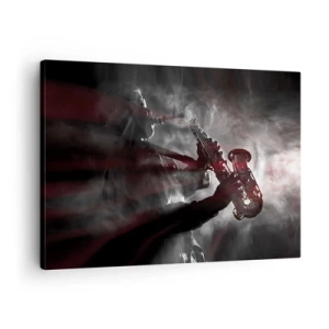 Tablou pe pânză Canvas - Saxofonist în fum pe scenă în negru și roșu atmosferic - 70x50cm - În aburul jazzului - Decorațiune modernă pentru perete pentru living și dormitor ARTTOR
