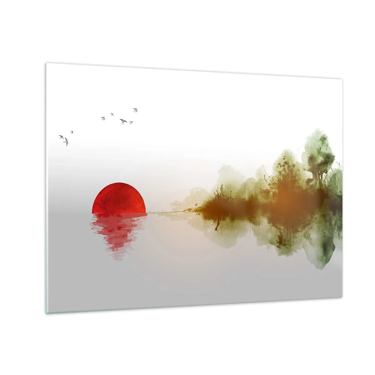 Tablou pe sticlă - Soare roșu peste apă și conturul pădurii - 70x50cm - Promisiune de liniște - Decorațiune modernă pentru perete pentru living și dormitor ARTTOR