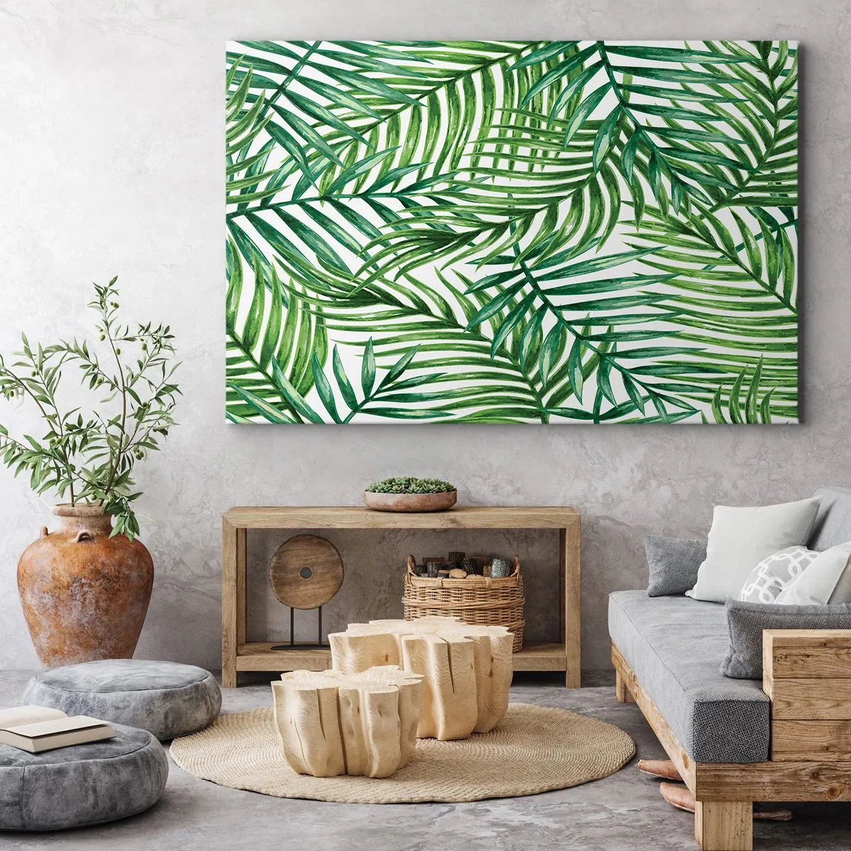 Tablou pe pânză Canvas - Frunze de palmier tropicale verzi pe un fundal deschis - 70x50cm - Sub bolta verde - Decorațiune modernă pentru perete pentru living și dormitor ARTTOR