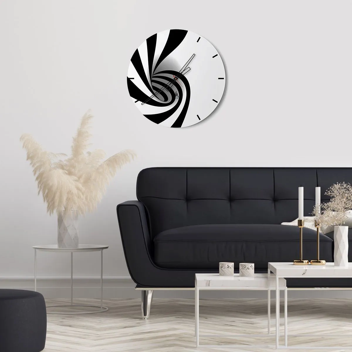 Ceas de perete - Ceas pe sticlă - Vârtej alb-negru într-un stil minimalist - 30x30cm - Și totuși se mișcă - Decorațiune modernă pentru perete pentru living, bucătărie și dormitor ARTTOR
