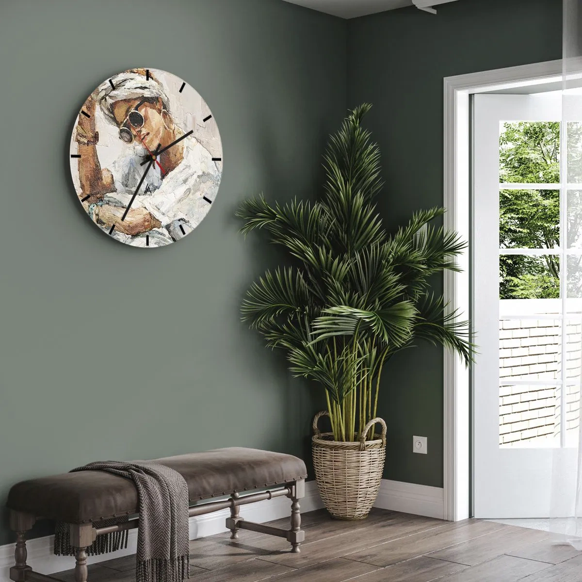 Ceas de perete - Ceas pe sticlă - Portretul unei femei purtând ochelari de soare pictat în impasto - 30x30cm - Portret în plin soare - Decorațiune modernă pentru perete pentru living, bucătărie și dormitor ARTTOR