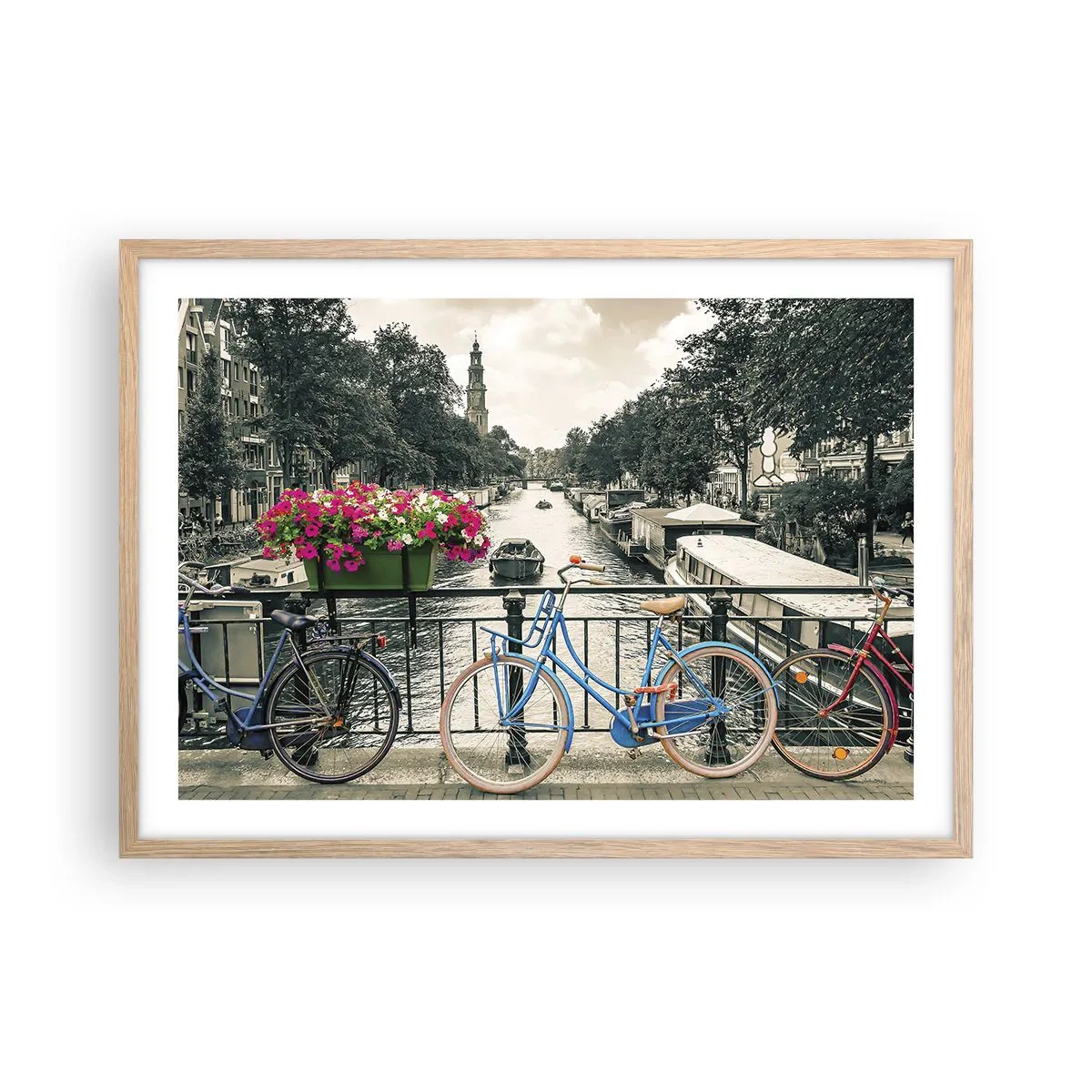 Poster în ramă de stejar deschis - Culorile unui canal din Amsterdam - 70x50 cm