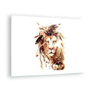 Tablou pe sticlă - Portret în acuarelă al unui leu pe fundal alb - 70x50cm - Putere și demnitate - Decorațiune modernă pentru perete pentru living și dormitor ARTTOR