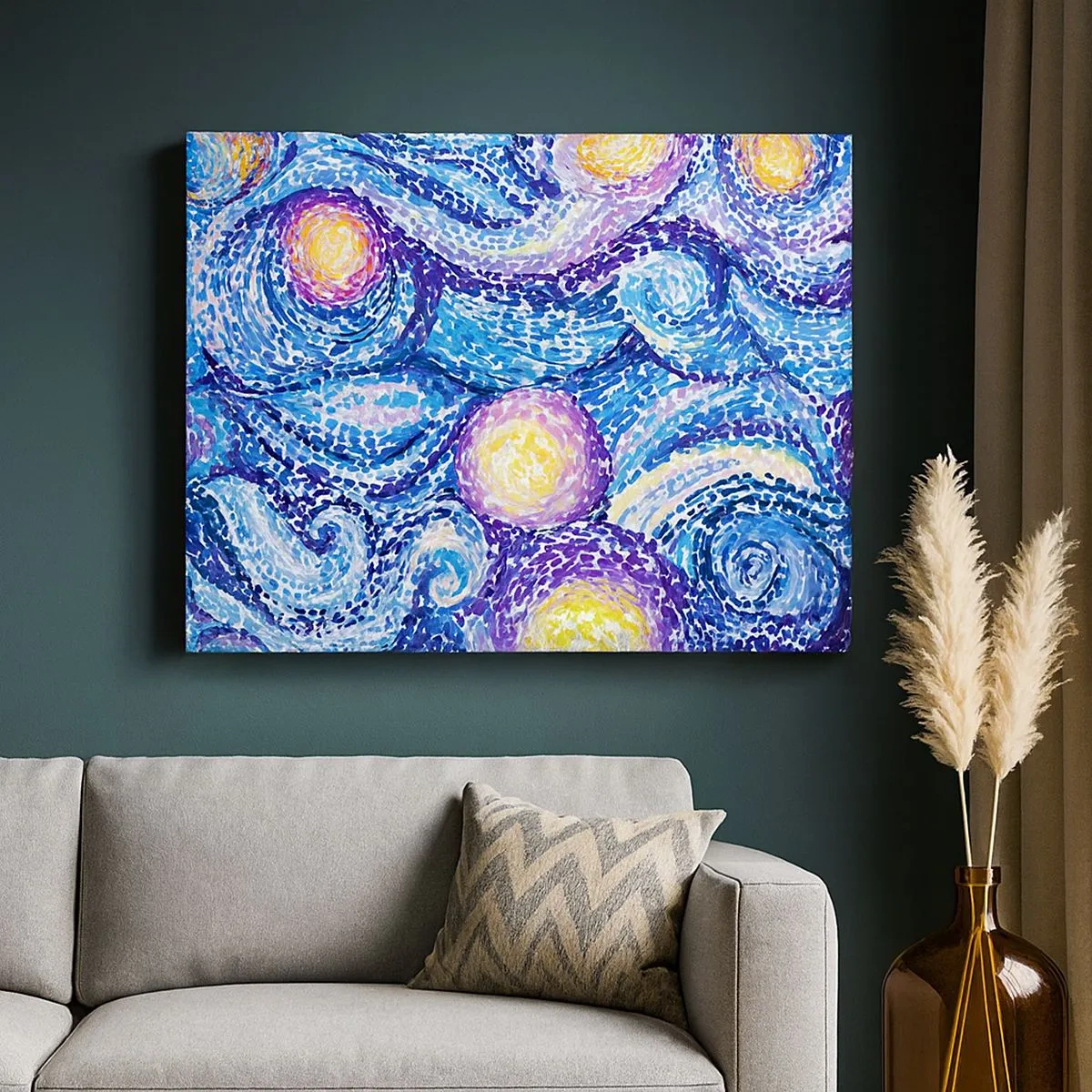 Tablou pe pânză Canvas - O interpretare artistică a cerului înstelat în stilul lui Van Gogh - 70x50cm - Dintr-un tablou de van Gogh - Decorațiune modernă pentru perete pentru living și dormitor ARTTOR