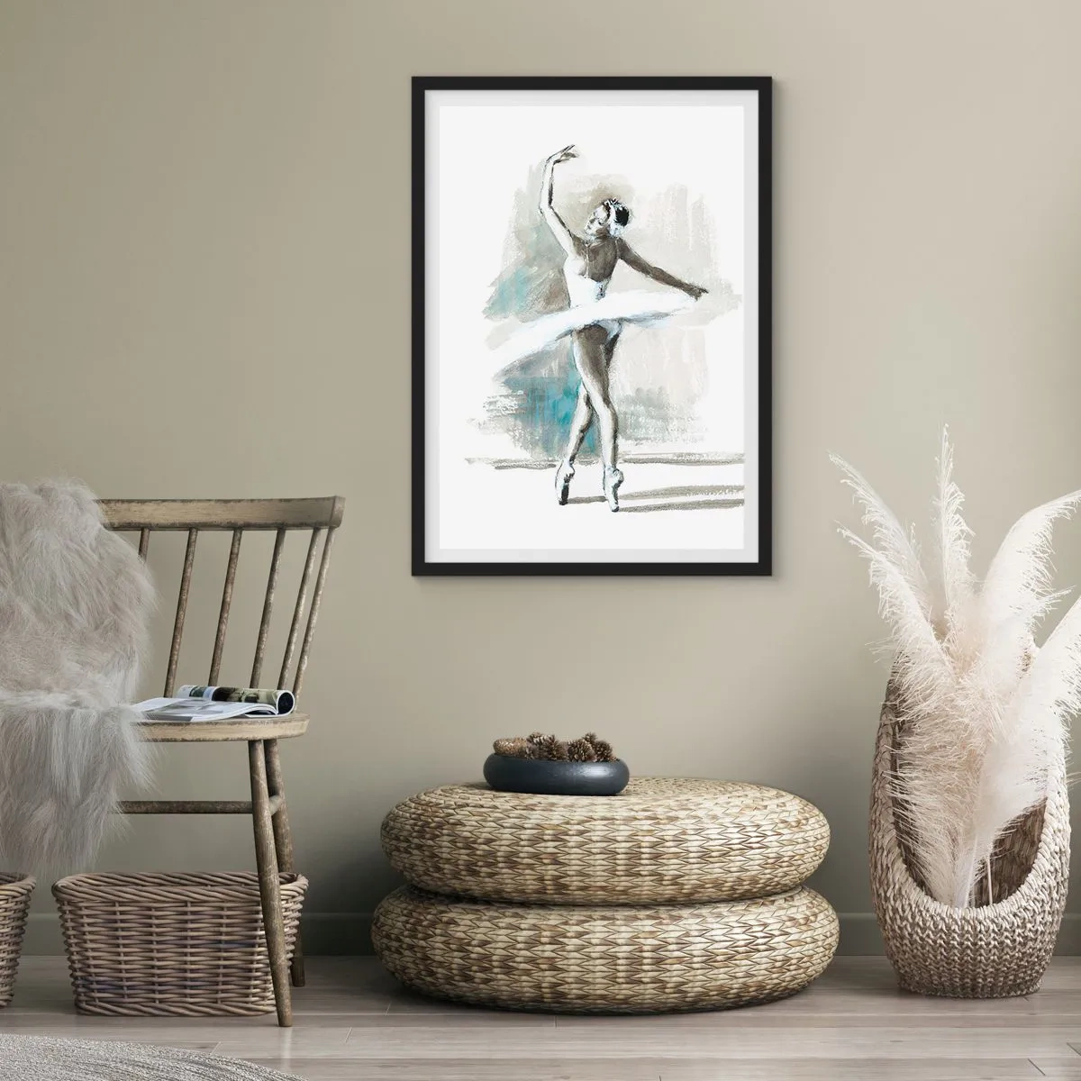 Poster în ramă neagră - O dansatoare de balet într-o rochie albă interpretând - 50x70cm - Fermecată într-o lebădă - Decorațiune modernă pentru perete pentru living și dormitor ARTTOR