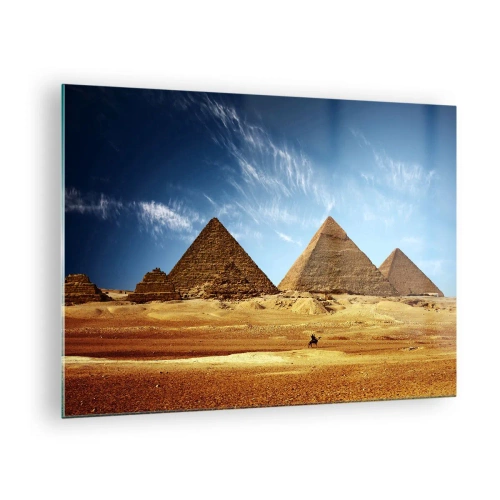 Tablou pe sticlă - Piramidele din Giza pe fundalul cerului albastru - 70x50cm - 40 de secole vă privesc - Decorațiune modernă pentru perete pentru living și dormitor ARTTOR