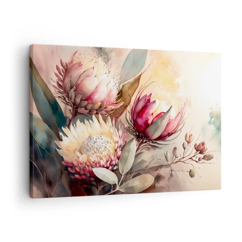 Tablou pe pânză Canvas - Flori de Protea în nuanțe pastelate delicate - 70x50cm - Profil și en face - Decorațiune modernă pentru perete pentru living și dormitor ARTTOR