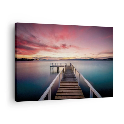 Tablou pe pânză Canvas - Un debarcader care duce spre un lac liniștit la apus - 70x50cm - Flacăra blândă a serii - Decorațiune modernă pentru perete pentru living și dormitor ARTTOR