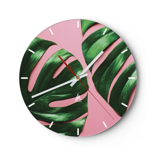 Ceas de perete - Ceas pe sticlă - Frunze verzi de monstera pe fundal roz - 30x30cm - Întâlnire verde - Decorațiune modernă pentru perete pentru living, bucătărie și dormitor ARTTOR