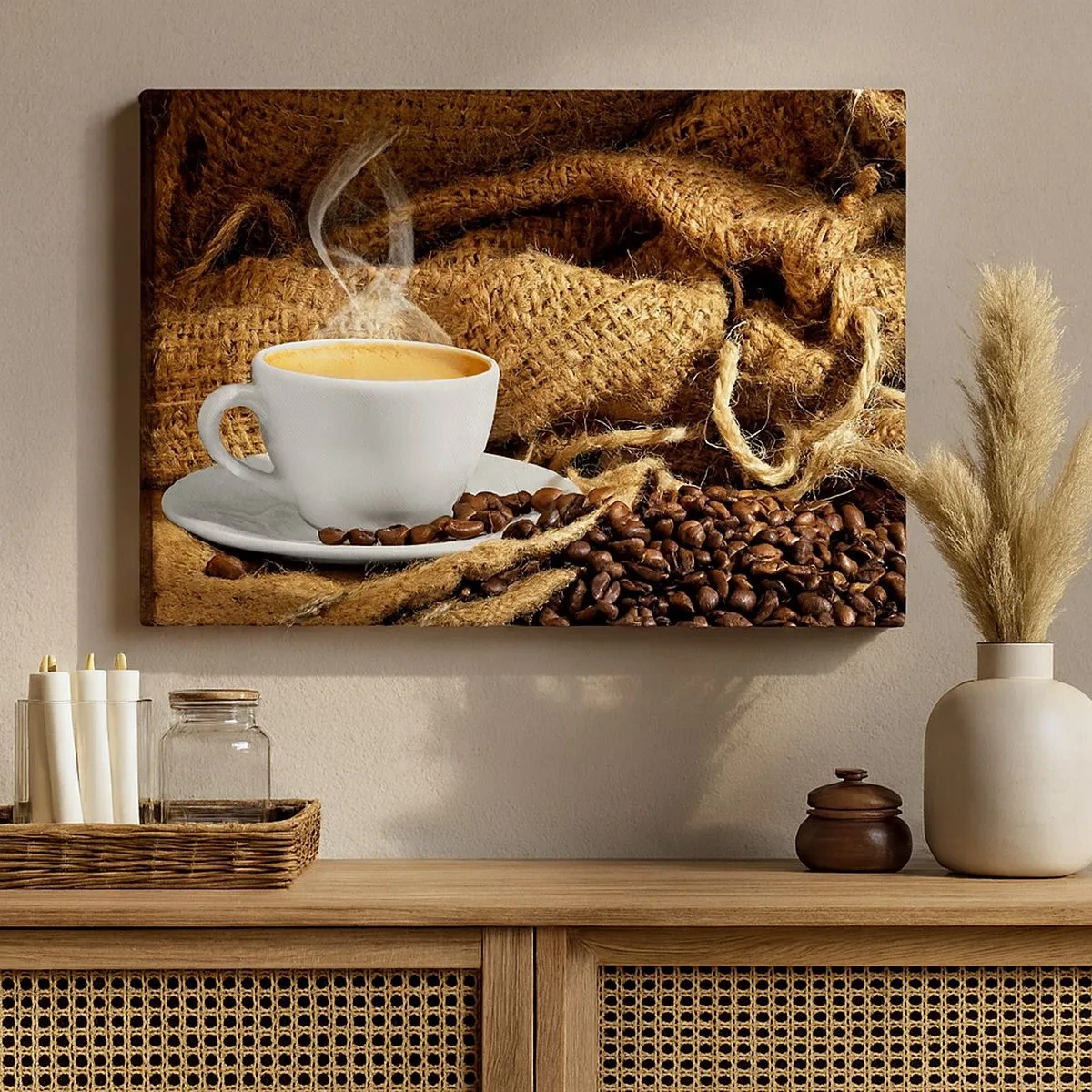 Tablou pe pânză Canvas - O ceașcă de cafea înconjurată de un plic de boabe de cafea - 70x50cm - Mirosul de mokka și densitatea lichidului de miere - Decorațiune modernă pentru perete pentru living și dormitor ARTTOR