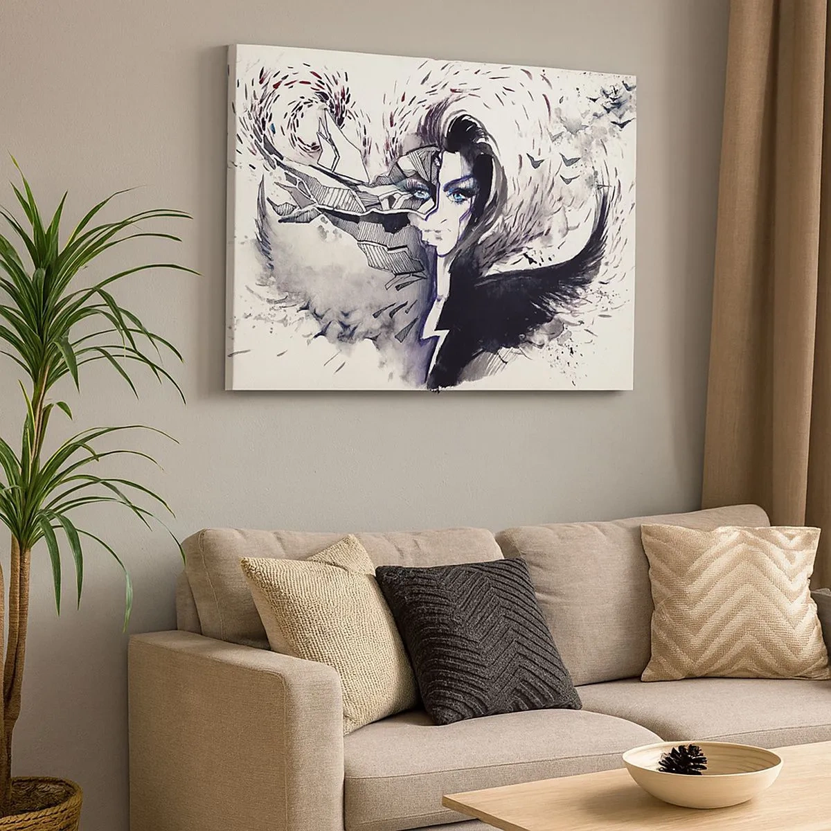Tablou pe pânză Canvas - Față abstractă cu elemente contrastante și motiv de aripă - 70x50cm - Demonică și frumoasă - Decorațiune modernă pentru perete pentru living și dormitor ARTTOR