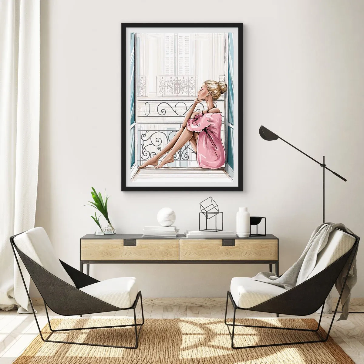 Poster în ramă neagră - O femeie într-un halat de baie roz stă pe un balcon - 50x70cm - Dimineață pariziană - Decorațiune modernă pentru perete pentru living și dormitor ARTTOR