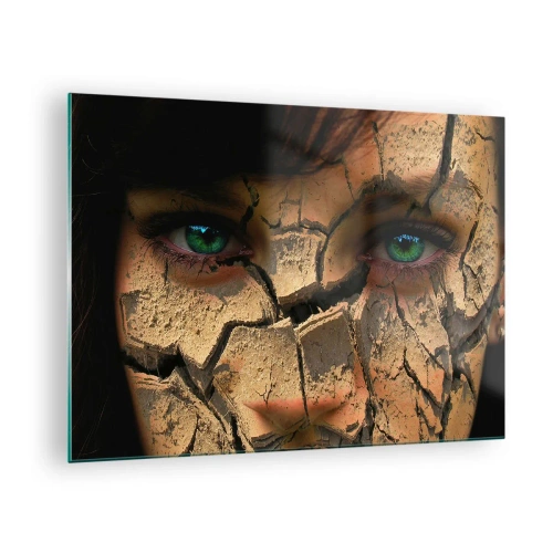 Tablou pe sticlă - Fața unei femei cu efect de pământ crăpat - 70x50cm - Încântare și groază în același timp - Decorațiune modernă pentru perete pentru living și dormitor ARTTOR