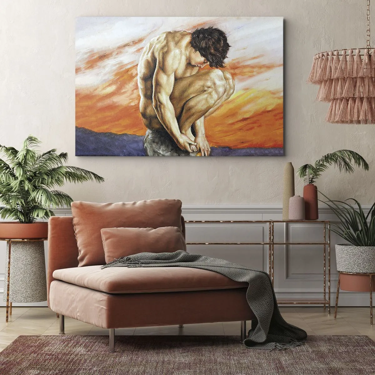 Tablou pe pânză Canvas - Un bărbat pierdut în gânduri pe fundalul unui apus de soare - 70x50cm - Ascultându-se pe sine - Decorațiune modernă pentru perete pentru living și dormitor ARTTOR