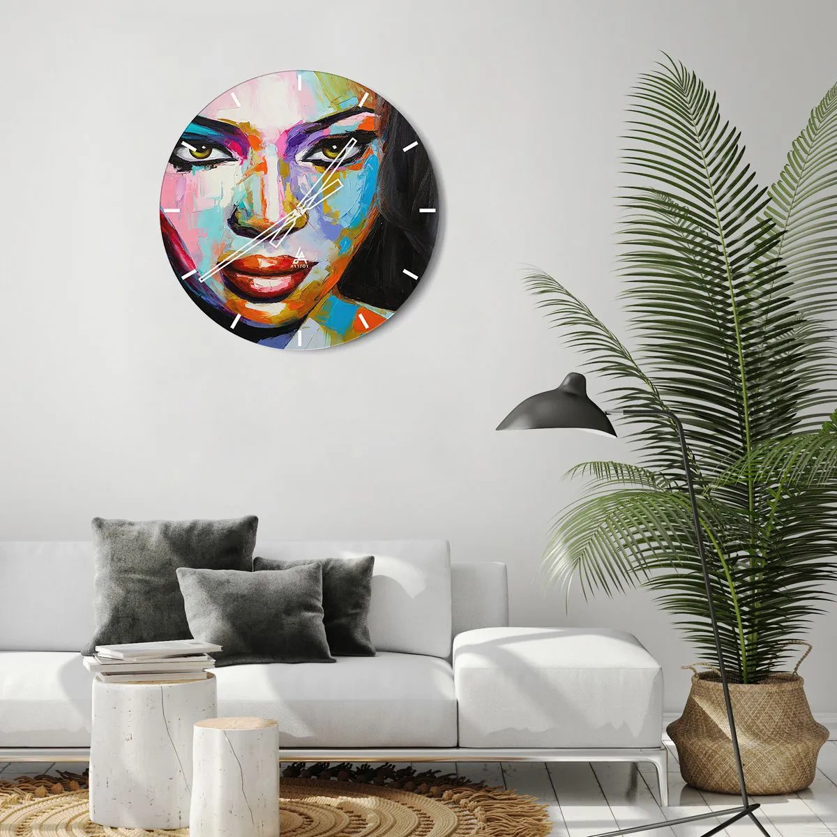 Ceas de perete - Ceas pe sticlă - Un portret colorat al unei femei în culori intense - 30x30cm - Nu-ți poți lua ochii de la - Decorațiune modernă pentru perete pentru living, bucătărie și dormitor ARTTOR
