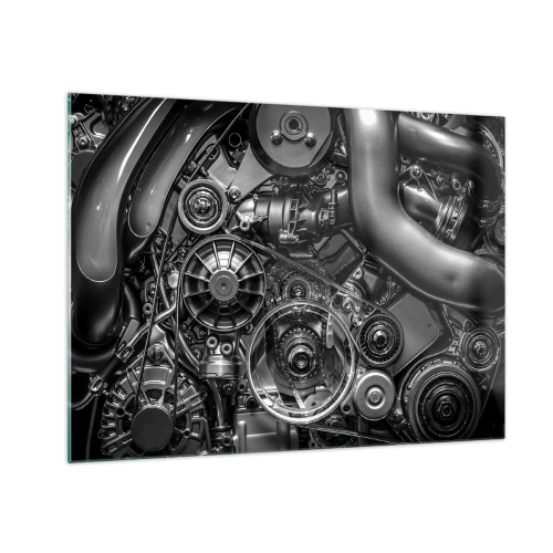 Tablou pe sticlă - Detaliu al unui motor alb-negru cu mecanisme vizibile - 70x50cm - Poezia mecanicii - Decorațiune modernă pentru perete pentru living și dormitor ARTTOR