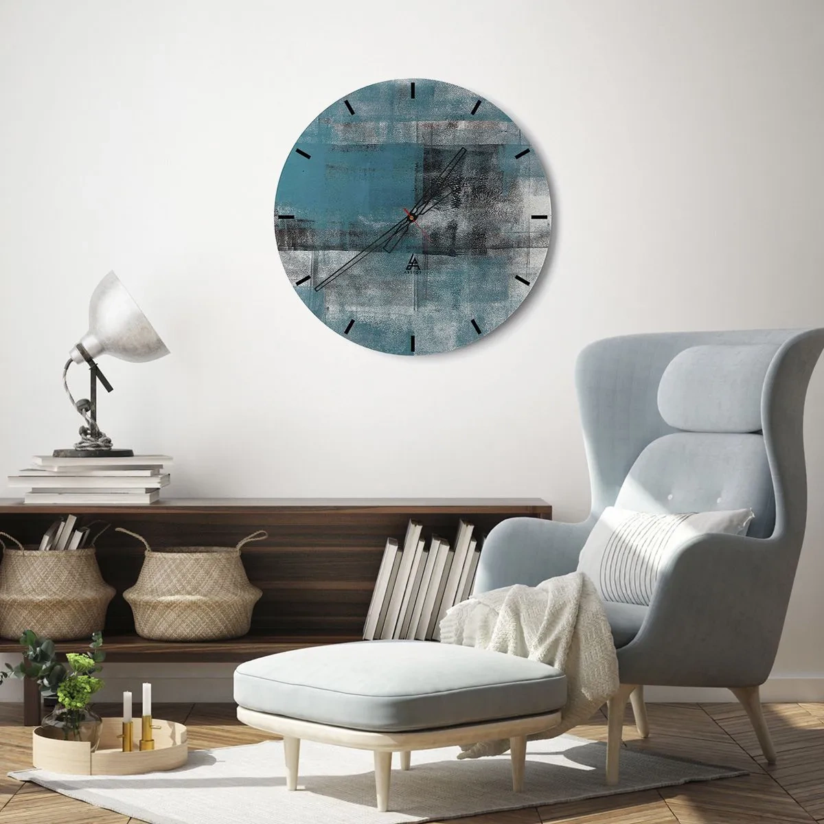 Ceas de perete - Ceas pe sticlă - Model abstract în nuanțe de turcoaz și gri - 30x30cm - Apă și aer - Decorațiune modernă pentru perete pentru living, bucătărie și dormitor ARTTOR