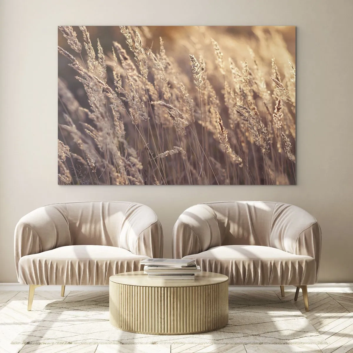 Tablou pe sticlă - Ierburi aurii iluminate de razele soarelui care apune - 70x50cm - Gata să întâmpine toamna - Decorațiune modernă pentru perete pentru living și dormitor ARTTOR