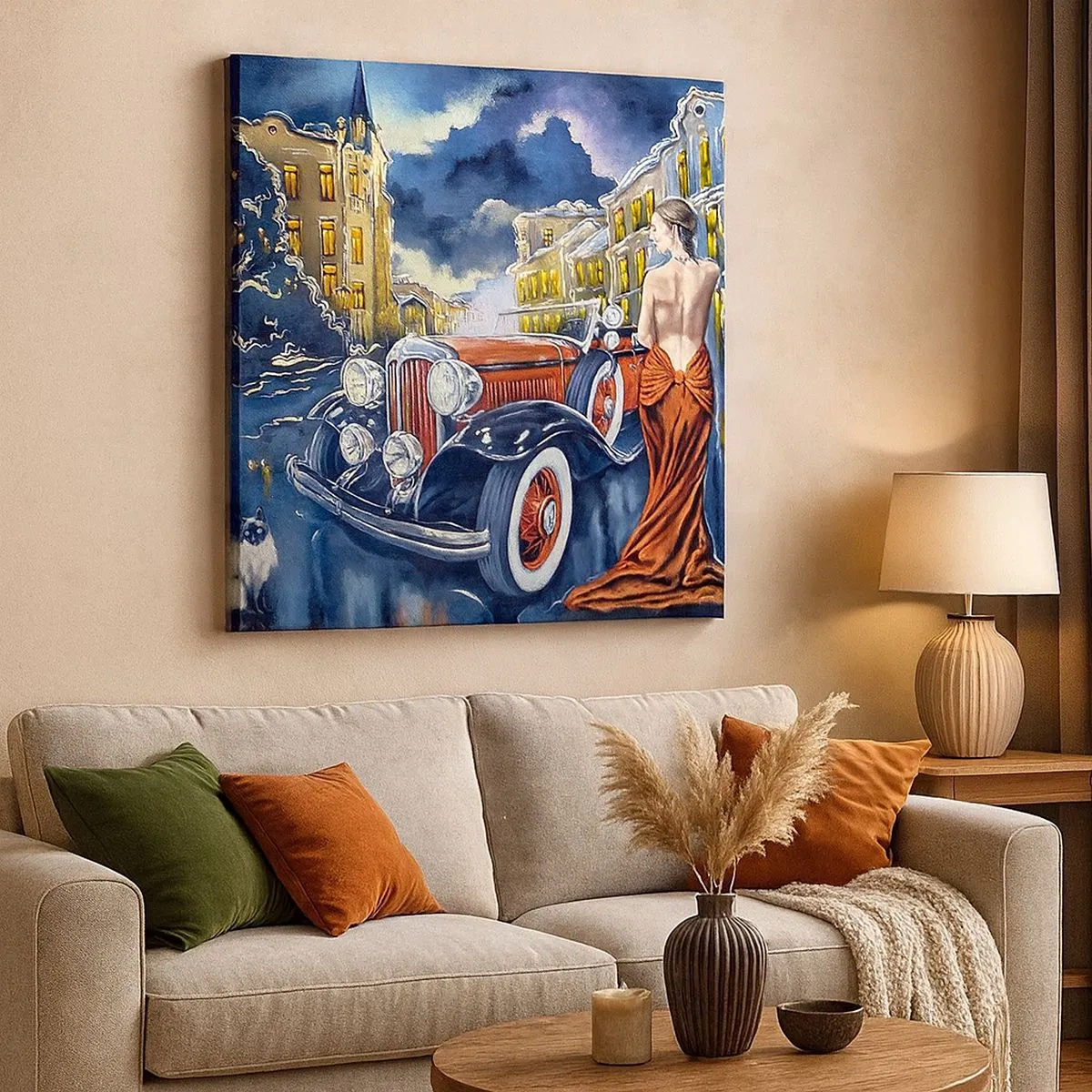 Tablou pe pânză - Nocturne în albastru și coral - 30x30 cm